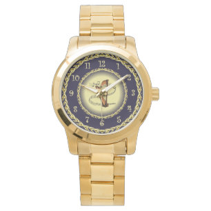 Reloj De Pulsera Harp ~ Musical Scroll ~ Oro/Azul marino ~ Watch