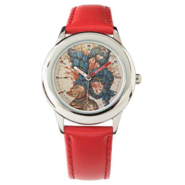 RELOJ DE PULSERA HELMET ANTIGUO KNIGHT CON PIES AZULES ROJOS (Anverso)