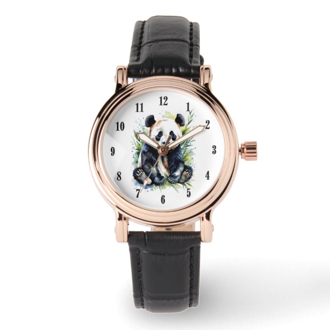 Reloj De Pulsera Hermosa acuarela Panda con números negros (Anverso)
