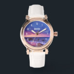Reloj De Pulsera Hermosa fotografía de la costa atardecer<br><div class="desc">Un reloj con una bonita fotografía con llamativos colores morados,  azules y rosas al atardecer. Una línea costera de bonito con rocas.</div>