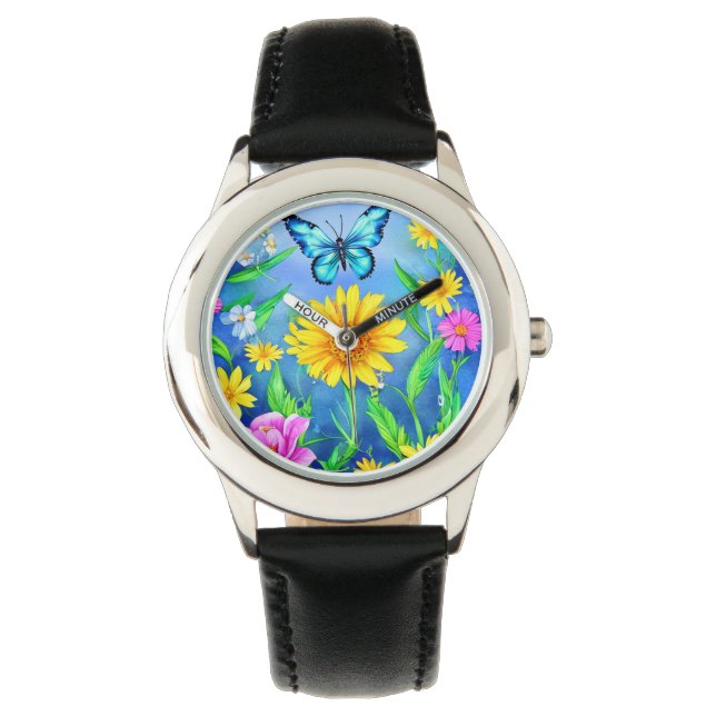 Reloj De Pulsera Hermosa mariposa azul en un prado de flores (Anverso)