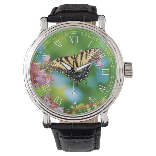 Reloj De Pulsera Hermosa mariposa de cola Swalloween sobre flores d (Anverso)