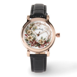 Reloj De Pulsera Hermosa peluca Wreath Flores blancas bayas rojas