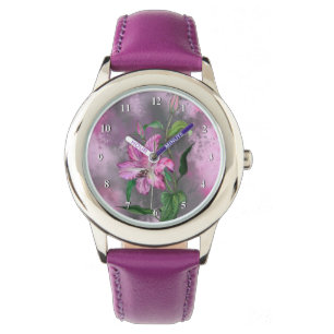 Reloj De Pulsera Hermosa pintura con motivos de flores lirio rosado