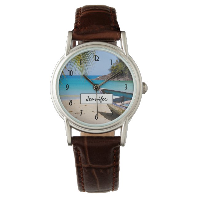 Reloj De Pulsera Hermosa playa tropical con lancha (Anverso)
