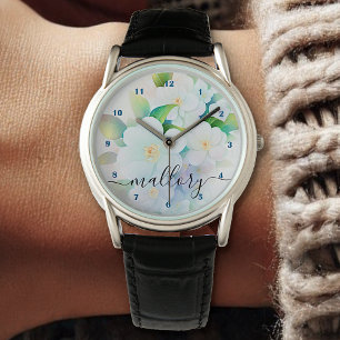 Reloj De Pulsera Hermosa Primavera Floral Flores blancas acuarela