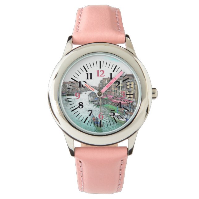 Reloj De Pulsera Hermosa Venecia Italia con números rosas (Anverso)