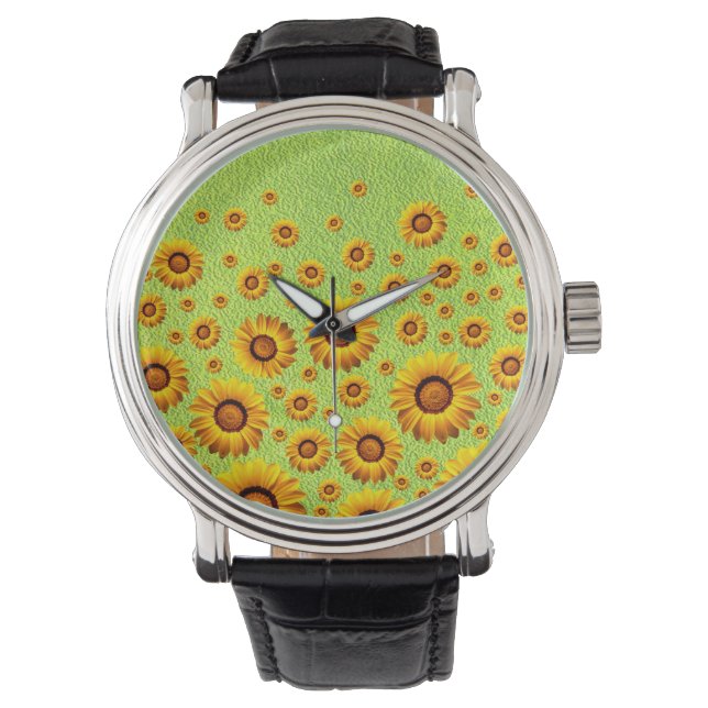 Reloj De Pulsera Hermosas flores amarillas en verde abstracto (Anverso)