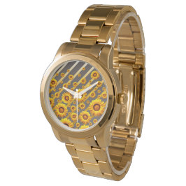 Reloj De Pulsera Hermosas flores amarillas sobre rayas grises, dora