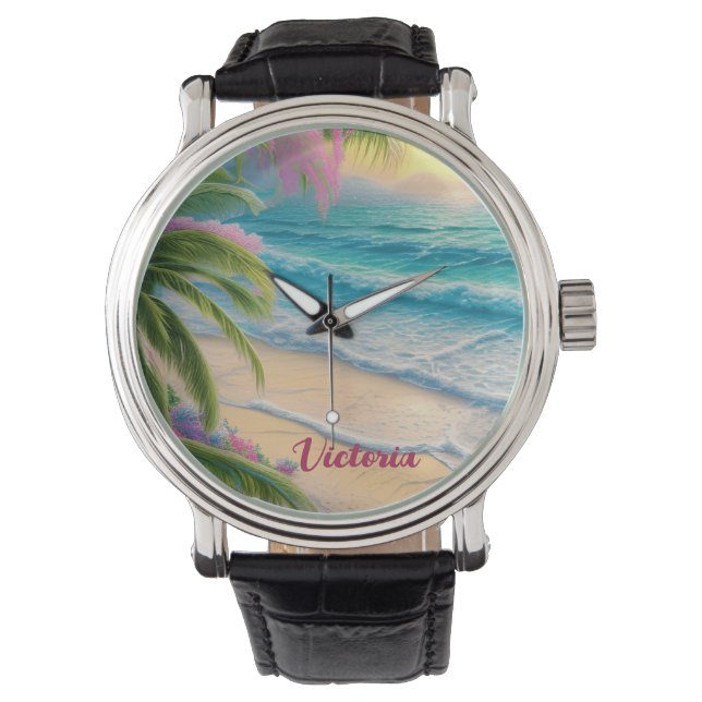 Reloj De Pulsera Hermosas olas del océano de playa y palmeras (Anverso)