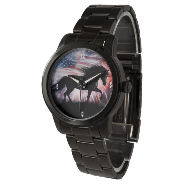 Reloj De Pulsera Hermoso caballo y patriótico de bandera estadounid (Angular)
