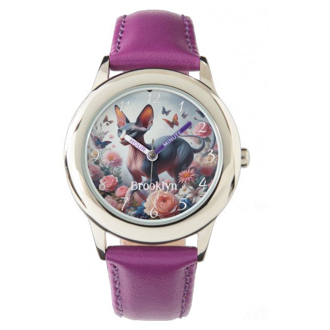 Reloj De Pulsera Hermoso gato y flores de Sfinx (Anverso)