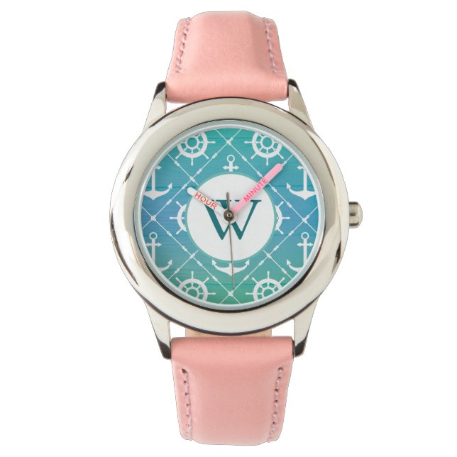 Reloj De Pulsera Hermoso Monograma Náutico Turquesa (Anverso)