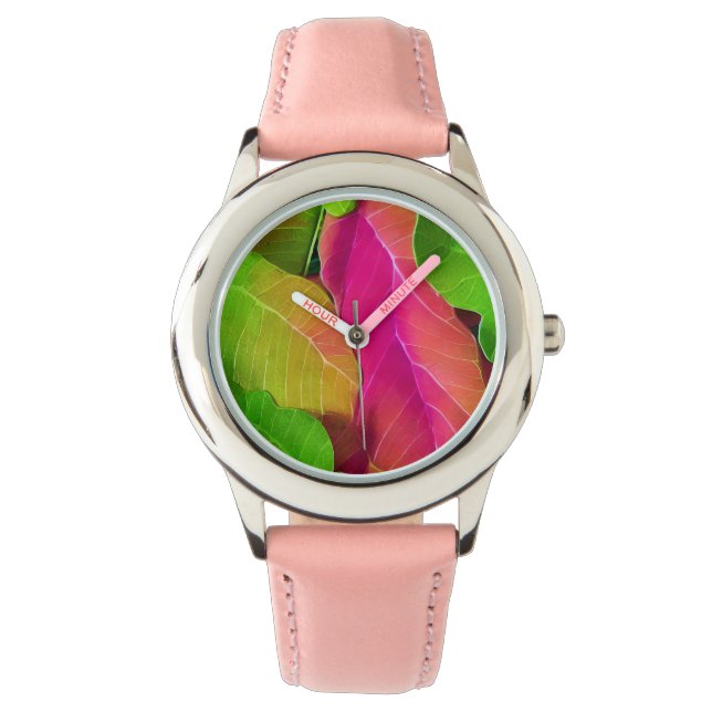 Reloj De Pulsera Hermoso patrón rosa y verde de leafía (Anverso)