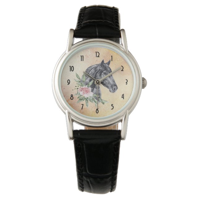 Reloj De Pulsera Hermoso retrato de cabeza de caballo negro (Anverso)