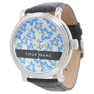 Reloj De Pulsera Hibisco Azul, Flores Azules, Tu Nombre