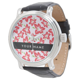 Reloj De Pulsera Hibisco Rojo, Flores Rojas, Tu Nombre