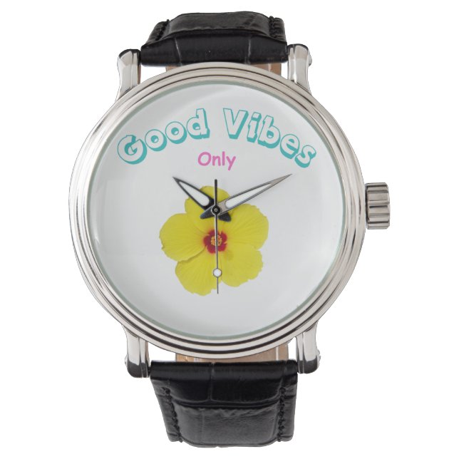 Reloj De Pulsera Hibiscus Amarillo Sólo Vibes Buenas (Anverso)