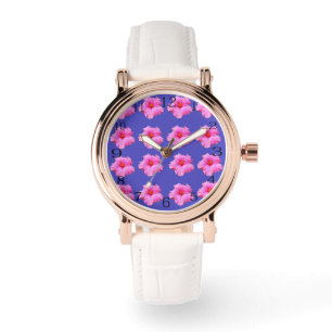 Reloj De Pulsera Hibiscus Rosa Sobre El Púrpura,
