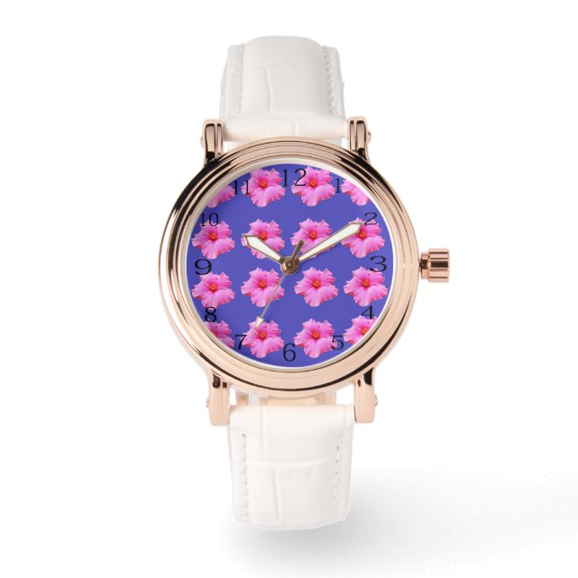 Reloj De Pulsera Hibiscus Rosa Sobre El Púrpura, (Anverso)