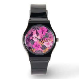 Reloj De Pulsera Hibiscus Tropical Rosa - Diseño floral Leafy