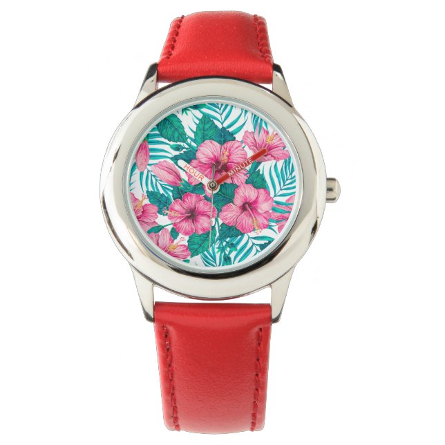 Reloj De Pulsera Hibiscus y hojas de palmera (Anverso)