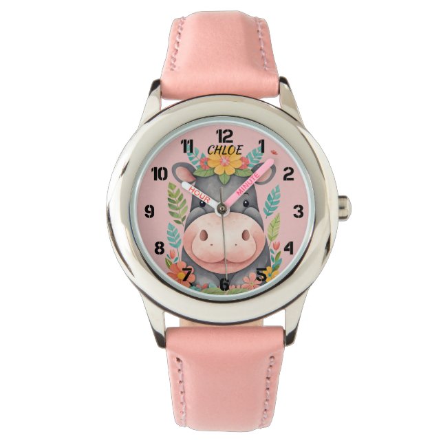 Reloj De Pulsera Hipopótamo Cute Floral Niños (Anverso)