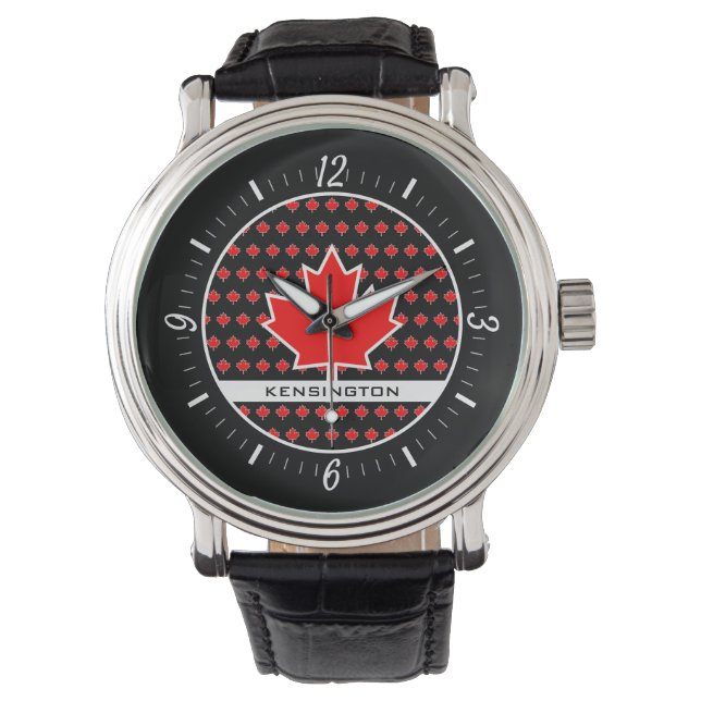 Reloj De Pulsera Hoja de Arce Canadiense Roja Patriótica con Texto  (Anverso)