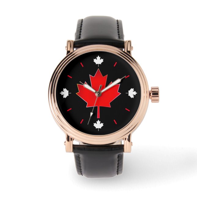 Reloj De Pulsera Hoja de Arce Canadiense sobre Negro (Anverso)