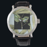 Reloj De Pulsera Hojas con el ataque de la libélula por Jennifer Go<br><div class="desc">Este dibujo de hojas de Jennifer Goldberger presenta una entrada de una libélula sobre un fondo negro. El ambiente nocturno contrasta con el ambiente diurno de las hojas. ¡Descúbrelos!</div>