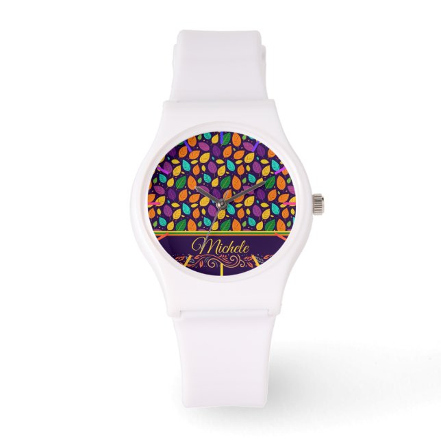 Reloj De Pulsera Hojas otoñales vibrantes monograma (Anverso)