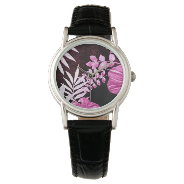 Reloj De Pulsera Hojas tropicales botánicas frondas de palmas rosad (Anverso)