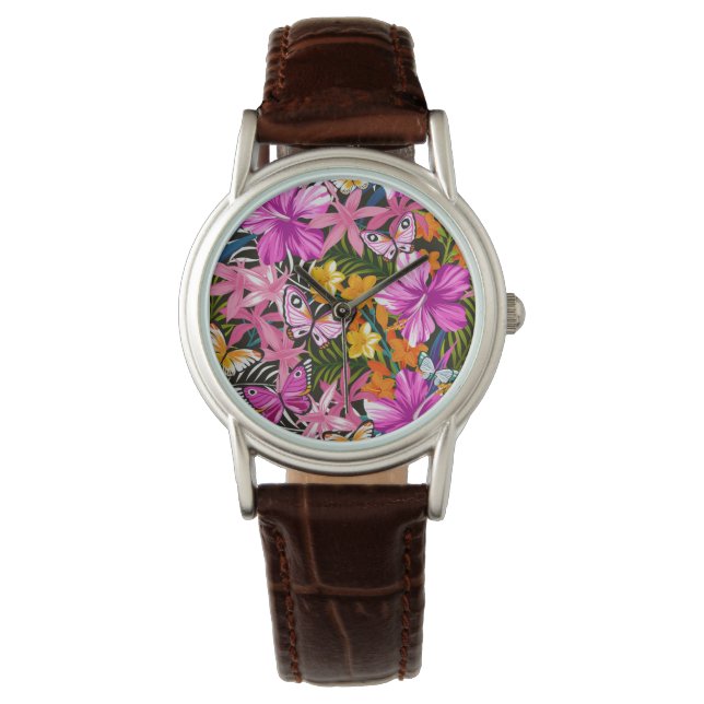 Reloj De Pulsera Hojas tropicales y flores (Anverso)