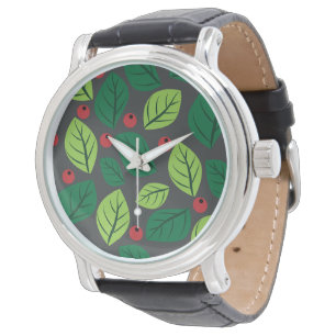 Reloj De Pulsera Hojas verdes, bayas rojas, patrón de hojas