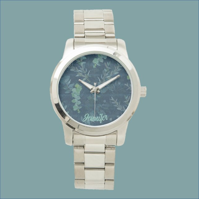 Reloj De Pulsera Hojas verdes Verde azuladas de color azul oscuro b (Subido por el creador)