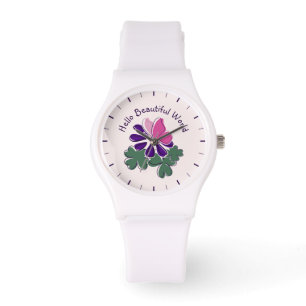 Reloj De Pulsera Hola Hermoso Mundo Mariposa Rosa Flor Púrpura