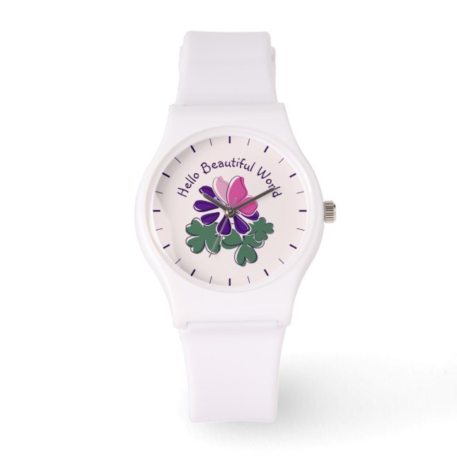 Reloj De Pulsera Hola Hermoso Mundo Mariposa Rosa Flor Púrpura (Anverso)