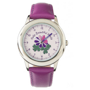 Reloj De Pulsera Hola Hermoso Mundo Mariposa Rosa Flor Púrpura