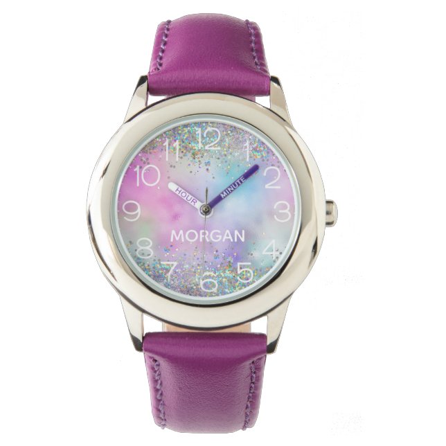 Reloj De Pulsera Holografía Purpurina Pasteles arcoiris Monograma N (Anverso)