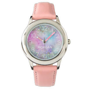 Reloj De Pulsera Holografía Purpurina Pasteles arcoiris Monograma N