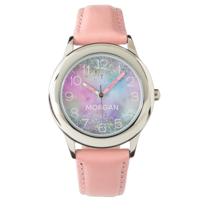 Reloj De Pulsera Holografía Purpurina Pasteles arcoiris Monograma N (Anverso)