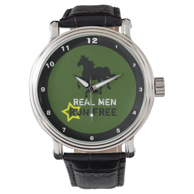 Reloj De Pulsera Hombres Reales Corren Libres & Caballo Negro Salva (Anverso)
