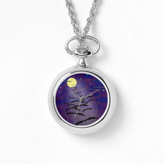 Reloj De Pulsera Hora de baño con luna amarilla completa y murciéla (Anverso)