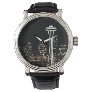Reloj De Pulsera Horizonte de Seattle en la noche, con la aguja del