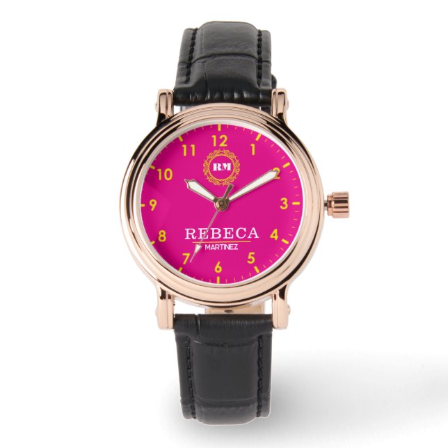 Reloj De Pulsera Hot Pink and Gold Personalized Custom Monogram  (Anverso)