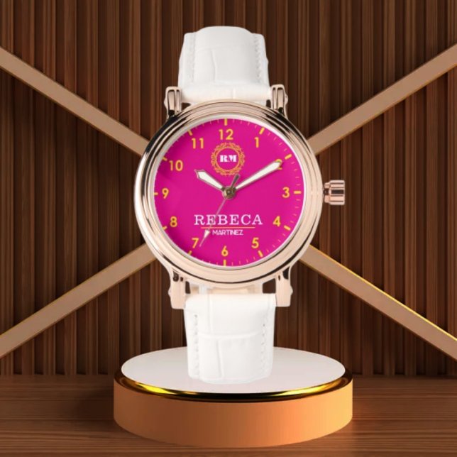 Reloj De Pulsera Hot Pink and Gold Personalized Custom Monogram  (Subido por el creador)