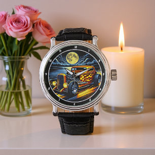 Reloj De Pulsera Hotrod Amarillo Flamante De La Luna