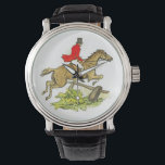 Reloj De Pulsera Hunter Jumper Horse Fox Caza o Trail Ride<br><div class="desc">Hunter Jumper Horse Fox Hunting o Trail Ride Drawing. Cuenta con un jinete vestido con atuendo ecuestre completo con chaqueta roja y gorra negro y botas. El jinete está a caballo, saltando una valla de madera, posiblemente en una cacería de zorros o simplemente en un paseo. Cabalgatas, tema de imagen...</div>