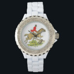 Reloj De Pulsera Hunter Jumper Horse Fox Cazando a Caballo<br><div class="desc">Cazador Jumper Caballo Fox Cazando A Caballo Rider. Dibujo. Cuenta con un jinete vestido con atuendo ecuestre completo con chaqueta roja y gorra negro y botas. El jinete está a caballo, saltando una valla de madera, posiblemente en una cacería de zorros o simplemente en un paseo. Cabalgatas, tema de imagen...</div>