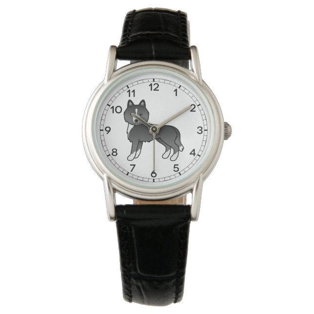 Reloj De Pulsera Husky Siberiano mayormente negro perro de dibujos  (Anverso)